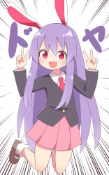 Rule 34 | 1girl, absurdres, animal ears, blazer, blouse, brown footwear, buttons, collared shirt, double v, doyagao, hair between eyes, highres, jacket, jumping, light purple hair, loafers, long hair, long sleeves, looking at viewer, necktie, nihohohi, open mouth, pink skirt, pleated skirt, purple hair, rabbit ears, rabbit girl, red eyes, red necktie, reisen udongein inaba, shirt, shoes, simple background, skirt, smile, smug, solo, touhou, translated, v, very long hair, white background, white shirt
