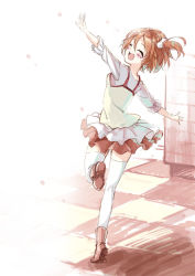 Rule 34 | 10s, 1girl, :d, ^ ^, brown hair, brown skirt, camisole, casual, closed eyes, closed eyes, hair bobbles, hair ornament, hoshizora rin, kaedena akino, layered skirt, love live!, love live! school idol festival, love live! school idol project, miyabi akino, one side up, open mouth, outstretched arms, round teeth, shoes, short hair, side ponytail, sketch, skirt, sleeves past elbows, smile, solo, teeth, thighhighs, turning head, white skirt, white thighhighs, zettai ryouiki