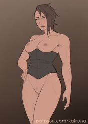 Rule 34 | 1girl, absurdres, amaya (the dragon prince), bottomless, breasts, brown hair, corset, highres, kalruna, medium breasts, muscular, muscular female, the dragon prince