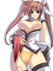Rule 34 | 00s, breasts, breasts out, brown hair, ichimedoo, large breasts, long hair, lyrical nanoha, mahou shoujo lyrical nanoha, mahou shoujo lyrical nanoha strikers, nipples, no bra, off shoulder, open clothes, open shirt, panties, purple eyes, sex toy, shirt, solo, sweat, takamachi nanoha, thighhighs, twintails, underwear, unzipped, vibrator, vibrator in thighhighs, vibrator under clothes, vibrator under panties, white thighhighs, yellow panties, zipper