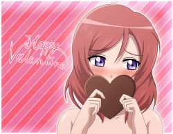 Rule 34 | 10s, 1girl, blush, candy, chocolate, chocolate heart, completely nude, covering face, covering own mouth, embarrassed, food, hair between eyes, happy valentine, heart, highres, looking at viewer, love live!, love live! school idol project, nishikino maki, nude, ogoro, purple eyes, red hair, short hair, solo, upper body
