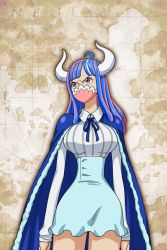 Rule 34 | 1girl, blue cape, blue hair, blue skirt, breasts, brown eyes, buttons, cape, collared shirt, frown, high-waist skirt, horns, large breasts, long hair, long sleeves, mask, mouth mask, multicolored hair, neck ribbon, official art, one piece, pink hair, pink mask, pleated skirt, ribbed shirt, ribbon, shirt, simple background, skirt, solo, two-tone hair, ulti (one piece), white shirt