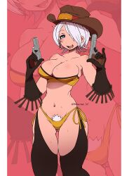 1girl angel_(kof) artist_name blue_eyes breasts cleavage cowboy_hat fang feet_out_of_frame gloves gun hair_over_one_eye hat highres large_breasts legs looking_at_viewer midriff naughty_face navel pubic_hair pubic_hair_peek short_hair smile snk solo standing strapless teeth the_king_of_fighters thick_thighs thighs thong tongue tube_top weapon white_hair yotastar zoom_layer