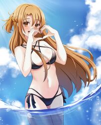 Rule 34 | 1girl, :d, absurdres, alternate costume, asuna (sao), asymmetrical bangs, bikini, black bikini, blue sky, braid, breasts, brown eyes, brown hair, cloud, commentary, criss-cross halter, day, french braid, halterneck, hands up, heart, heart hands, highres, large breasts, long hair, looking at viewer, miwapeito, navel, open mouth, outdoors, partially submerged, short ponytail, side-tie bikini bottom, sky, smile, solo, sunlight, swimsuit, sword art online, very long hair