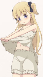 Rule 34 | 1girl, bare arms, bare shoulders, black bow, blonde hair, bloomers, blunt bangs, blush, bow, brown background, clothes lift, commentary request, dress, dress lift, emilico (shadows house), frills, hair bow, highres, lifted by self, looking at viewer, navel, outstretched arms, parted lips, purple eyes, shadows house, simple background, sleeveless, sleeveless dress, solo, standing, takasuma hiro, two side up, underwear, white bloomers, white dress