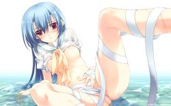 Rule 34 | 1girl, alternate hairstyle, arm support, bad id, bad yandere id, bandages, blue hair, blush, bow, breasts, clothes lift, company name, dated, hair between eyes, hair down, highres, katagiri megumi, kusari, large breasts, leaf (studio), leaning back, leg up, legs, long hair, looking away, looking down, manaka de ikuno!!, navel, neckerchief, nipple slip, nipples, no bra, no panties, official art, official wallpaper, parted lips, partially submerged, partially visible vulva, purple eyes, red eyes, school uniform, see-through, serafuku, shirt, shirt lift, short sleeves, sitting, solo, spread legs, underboob, very long hair, wallpaper, water, wet, wet clothes, wet shirt, yellow bow