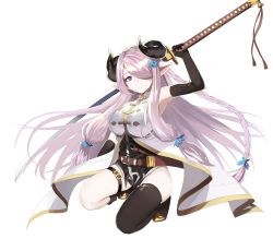 Rule 34 | 10s, 1girl, bad id, bad twitter id, bare shoulders, blue eyes, braid, breasts, draph, elbow gloves, fuotchan, gloves, granblue fantasy, horns, katana, kneeling, large breasts, light purple hair, long hair, looking at viewer, narmaya (granblue fantasy), pointy ears, single thighhigh, smile, solo, sword, thigh strap, thighhighs, very long hair, weapon