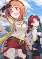 Rule 34 | 2girls, :d, ahoge, armpits, atelier (series), atelier ryza, atelier ryza 1, belt, blue sky, braid, breasts, brown belt, cleavage, closed mouth, cloud, commentary request, cosplay, day, hair ornament, hairclip, hat, kitahara tomoe (kitahara koubou), klaudia valentz, klaudia valentz (cosplay), long hair, looking at viewer, love live!, love live! sunshine!!, medium breasts, multiple girls, open mouth, red eyes, red shorts, reisalin stout, reisalin stout (cosplay), sakurauchi riko, short hair, short shorts, shorts, single braid, sky, smile, takami chika, thick thighs, thighhighs, thighs, twitter username, white headwear, white legwear, yellow eyes
