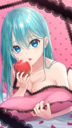Rule 34 | 1girl, absurdres, apple, aqua eyes, aqua hair, aqua nails, bare shoulders, bed sheet, biting, blue eyes, breasts, camisole, cleavage, collarbone, eating, food, fruit, hair behind ear, hair between eyes, hair down, hatsune miku, highres, holding, holding food, holding fruit, lace, large breasts, long hair, looking at viewer, lying, meiruuuu., nail polish, on bed, on stomach, petals, pillow, pink background, pink camisole, polka dot, polka dot background, polka dot camisole, red apple, romeo to cinderella (vocaloid), strap slip, vocaloid
