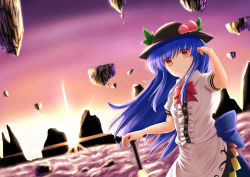 Rule 34 | &gt;:), 1girl, above clouds, black hat, blue hair, bow, bowtie, closed mouth, cloud, cowboy shot, dress shirt, floating rock, food, frilled shirt, frills, fruit, hat, hinanawi tenshi, holding, holding sword, holding weapon, leaf, long hair, looking at viewer, luke (kyeftss), peach, puffy short sleeves, puffy sleeves, rainbow order, red bow, red bowtie, red eyes, shirt, short sleeves, smile, solo, sunrise, sword, sword of hisou, touhou, v-shaped eyebrows, weapon