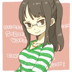 Rule 34 | 1girl, alternate hairstyle, brown eyes, english text, glasses, hair up, jewelry, necklace, nico robin, one piece, one piece: strong world, solo, yukke