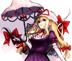 Rule 34 | 1girl, :d, blonde hair, bow, commentary, dress, elbow gloves, fumo (doll), gap (touhou), gloves, hair bow, hat, highres, holding, holding umbrella, long hair, looking at viewer, mob cap, natucurage, open mouth, purple dress, red bow, short sleeves, smile, solo, touhou, twitter username, umbrella, white background, white gloves, white hat, yakumo yukari
