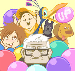 Rule 34 | 2girls, 4boys, :d, :p, age difference, aged down, alpha (up), androgynous, balloon, bird, black eyes, black hair, brown eyes, brown hair, carl fredricksen, copyright name, disney, dog, dug (up), ellie fredricksen, feathers, glasses, kevin (up), looking at viewer, missing tooth, multiple boys, multiple girls, open mouth, pixar, reverse trap, ro riran, russell (up), russell (yggdra union), smile, tongue, tongue out, up (disney), white hair