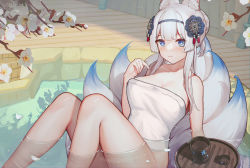 Rule 34 | 1girl, absurdres, animal ears, bare arms, bare shoulders, bathing, blue eyes, blue hairband, blush, breasts, character request, cleavage, clover theater, commentary, commission, cup, english commentary, flower, fox ears, fox girl, fox tail, hair ornament, hairband, hand up, highres, jean.organ, kitsune, large breasts, looking at viewer, multiple tails, naked towel, revision, solo, tail, towel, water, white flower, white hair