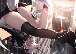 Rule 34 | 1girl, animal ears, ass, bare legs, black jacket, black panties, black thighhighs, building, city, cityscape, clenched teeth, debris, dress, evening, fire, fox ears, fox girl, fox tail, from below, from side, grey dress, hair between eyes, headgear, highres, jacket, kneepits, legs, long hair, looking at viewer, midair, mirufuaa, motion lines, open clothes, open jacket, orange eyes, orange sky, original, outdoors, outstretched leg, over shoulder, panties, parted lips, silver hair, single thighhigh, skindentation, sky, skyscraper, solo, spinning, sun, sunlight, sunset, sword, sword over shoulder, tail, teeth, thighhighs, thighs, underwear, upside-down, upskirt, very long hair, weapon, weapon over shoulder