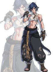 Rule 34 | 1girl, abs, arm at side, au ra, warrior of light (ff14), baggy pants, bandaged arm, bandages, bare shoulders, black pants, blue hair, boots, brown footwear, commentary, dragon girl, dragon horns, dragon tail, drop shadow, english commentary, final fantasy, final fantasy xiv, flower knot, full body, fur-trimmed boots, fur trim, gauntlets, hair bun, hand up, highres, horns, josh corpuz, looking at viewer, midriff, monk (final fantasy), navel, pants, pink eyes, sash, scales, short hair, signature, simple background, single hair bun, solo, square enix, standing, tail, tassel, toeless footwear, toes, toned, v-shaped eyebrows, white background, zoom layer