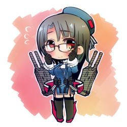 Rule 34 | 10s, 1girl, bad id, bad pixiv id, bespectacled, black hair, chibi, flying sweatdrops, garter straps, glasses, gloves, hat, kantai collection, kona sleipnir, looking at viewer, machinery, red eyes, short hair, smile, solo, takao (kancolle), thighhighs, turret