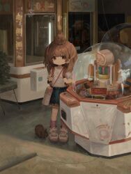 1girl animal animal_on_head arcade backpack bag blue_skirt brown_bag brown_eyes brown_hair brown_rabbit child closed_mouth commentary_request commission crane_game doubutsunoujyou full_body highres holding_strap layered_skirt long_hair on_head original pink_socks pixiv_commission print_shirt rabbit rabbit_on_head shirt shoes short_sleeves skirt sneakers socks solo standing two_side_up white_shirt white_shoes