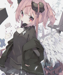 Rule 34 | 1girl, absurdres, black jacket, braid, child, cross, demon girl, demon horns, demon tail, feathered wings, feathers, female focus, highres, horns, jacket, long sleeves, nep (nep 76), open clothes, open jacket, original, pink hair, strap, tail, wings