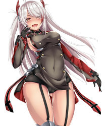 Rule 34 | 1girl, :d, absurdres, azur lane, black gloves, black panties, blush, breasts, brown eyes, contrapposto, covered navel, garter straps, gloves, gluteal fold, heart, heart-shaped pupils, highres, kana616, large breasts, long hair, long sleeves, looking at viewer, mole, mole on breast, multicolored hair, nose blush, open mouth, panties, prinz eugen (azur lane), red hair, silver hair, simple background, smile, solo, standing, streaked hair, swept bangs, symbol-shaped pupils, two side up, underwear, very long hair, white background