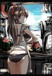 Rule 34 | 1girl, apron, ass, bikini, bikini under clothes, black bikini, blue sky, blush, bow, breasts, brown hair, closed mouth, cloud, cloudy sky, day, food, fruit, hair between eyes, hair bow, hair ornament, hairclip, highres, hip focus, kantai collection, large breasts, long hair, looking at viewer, mamiya (kancolle), one-hour drawing challenge, outdoors, purple eyes, red bow, seitei (04seitei), sky, smile, swimsuit, swimsuit under clothes, thighs, twitter username, watermelon, white apron