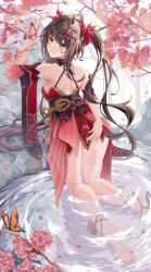 Rule 34 | 1girl, :d, against wall, backboob, backless dress, backless outfit, barefoot, blush, bow, branch, breasts, brown hair, bug, butterfly, cherry blossoms, day, detached sleeves, dress, falling petals, feet, fox mask, full body, grin, hair bow, hand on own ass, highres, honkai: star rail, honkai (series), in water, insect, kneepits, long hair, looking at viewer, looking back, mask, mask on head, median furrow, medium breasts, open mouth, outdoors, petals, pink eyes, red bow, red dress, red sleeves, ruby (pixiv 26146178), short dress, short sleeves, sidelocks, sleeveless, sleeveless dress, smile, soles, solo, sparkle (honkai: star rail), thick thighs, thigh gap, thighs, toes, twintails, water