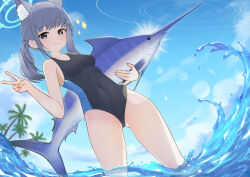 Rule 34 | 1girl, absurdres, akarichan (1286817552), animal, animal ears, blue archive, blue eyes, blush, commentary request, competition swimsuit, cross hair ornament, fish, grey hair, hair ornament, halo, happy, highres, holding, holding animal, holding fish, looking at viewer, marlin (fish), ocean, one-piece swimsuit, outdoors, partial commentary, ponytail, shiroko (blue archive), shiroko (swimsuit) (blue archive), smile, solo, swimsuit, v, wet, wolf ears