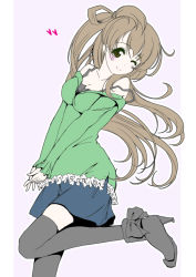 Rule 34 | 10s, 1girl, ;), black thighhighs, blush, breasts, brown eyes, brown hair, casual, cleavage, frapowa, heart, high heels, long hair, looking at viewer, love live!, love live! school idol project, medium breasts, minami kotori, off shoulder, one eye closed, simple background, skirt, smile, solo, strap slip, thighhighs, v arms, very long hair, wink
