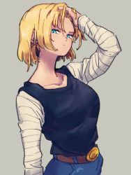 Rule 34 | 1girl, android 18, belt, black shirt, blonde hair, blue eyes, brown belt, closed mouth, collarbone, dragon ball, dragonball z, grey background, kemachiku, long sleeves, looking at viewer, pants, shirt, short hair, simple background, solo, striped sleeves