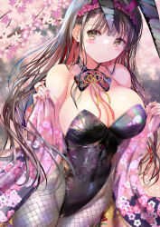Rule 34 | 1girl, absurdres, animal ears, black hair, black leotard, black pantyhose, blush, braid, breasts, cherry blossoms, cleavage, closed mouth, commentary request, covered navel, fishnet pantyhose, fishnets, floral print, highres, japanese clothes, kimono, large breasts, leotard, long hair, looking at viewer, nail polish, nose blush, ogata tei, open clothes, open kimono, original, pantyhose, playboy bunny, print kimono, purple kimono, rabbit ears, smile, solo, standing, yellow eyes