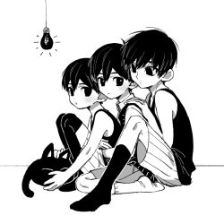 Rule 34 | 3boys, between legs, cat, collared shirt, commentary request, expressionless, from side, front-to-back, full body, greyscale, hand on another&#039;s shoulder, kneehighs, knees up, light bulb, male focus, mewo, monochrome, multiple boys, multiple persona, no shoes, omori, omori (omori), shirt, short hair, shorts, simple background, sitting, socks, striped clothes, striped shorts, sunny (omori), tank top, thighhighs, toastytoast, wariza, white background