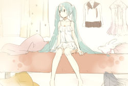 Rule 34 | 1girl, aqua hair, barefoot, bedroom, blush, closed mouth, curtains, hair between eyes, hatsune miku, indoors, long hair, looking to the side, on bed, sitting, sketch, sleepwear, solo, stuffed animal, stuffed rabbit, stuffed toy, tanaka (colorcorn), twintails, very long hair, vocaloid, window