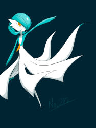Rule 34 | 1girl, alternate color, arm at side, arm up, blue background, blue hair, blue skin, bob cut, closed mouth, colored skin, creatures (company), expressionless, female focus, flat chest, full body, game freak, gardevoir, gen 3 pokemon, hair over one eye, highres, leg up, looking up, multicolored skin, nintendo, one eye covered, orange eyes, outstretched arm, pokedex number, pokemon, pokemon (creature), rve, shiny pokemon, short hair, simple background, solo, standing, standing on one leg, two-tone skin, white skin