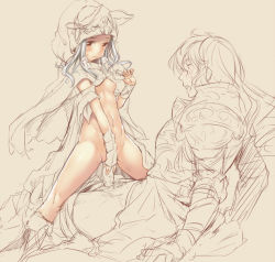 Rule 34 | 10s, 1boy, 1girl, blush, breasts, cape, cowgirl position, ears through headwear, girl on top, granblue fantasy, guided penetration, hetero, hooded, naked cape, naoise, navel, nipples, partially colored, penis, red eyes, scathacha (granblue fantasy), sex, silver hair, simple background, sitting, sketch, small breasts, smile, straddling, sweatdrop, uncensored, vaginal, zanzi