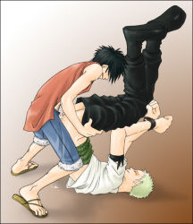 Rule 34 | 2boys, anal, ass, bdsm, black hair, bondage, bound, clothed sex, cum, feet, green hair, haramaki, male focus, male penetrated, monkey d. luffy, multiple boys, one piece, roronoa zoro, sandals, sex, toes, yaoi