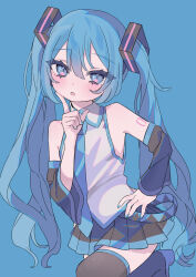 Rule 34 | 1girl, absurdres, bare shoulders, blue background, blue eyes, blue hair, blue nails, blue necktie, blush, boots, commentary, cowboy shot, detached sleeves, finger to cheek, grey shirt, hakudaku, hand on own hip, hatsune miku, highres, index finger raised, leg up, long hair, looking at viewer, miniskirt, necktie, open mouth, pleated skirt, shirt, simple background, skirt, sleeveless, sleeveless shirt, solo, thigh boots, thighhighs, twintails, very long hair, vocaloid, zettai ryouiki