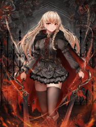 Rule 34 | 1girl, absurdres, armlet, black cape, black footwear, black thighhighs, blonde hair, boots, braid, braided sidelock, breasts, cape, closed mouth, cowboy shot, cross-laced clothes, crystalherb, dress, dual wielding, fire, flower, frills, grey dress, highres, holding, holding weapon, indoors, lolita fashion, long hair, long sleeves, looking at viewer, medium breasts, neck ribbon, original, pleated dress, puffy long sleeves, puffy sleeves, red eyes, ribbon, rose, short dress, solo, standing, sword, thighhighs, weapon, zettai ryouiki