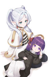 Rule 34 | 2girls, absurdres, aged down, black pantyhose, black robe, blush, bug, butterfly, capelet, dress, elf, fern (sousou no frieren), frieren, grey hair, hancho, hand on another&#039;s head, highres, insect, knees up, lap pillow, looking at animal, looking at another, multiple girls, pantyhose, parted bangs, pointy ears, purple eyes, purple hair, robe, shirt, skirt, smile, sousou no frieren, striped clothes, striped shirt, twintails, white butterfly, white capelet, white dress, white skirt