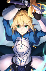 Rule 34 | 1girl, absurdres, ahoge, armor, armored dress, arms up, artoria pendragon (all), artoria pendragon (fate), blonde hair, blue dress, braid, breastplate, closed mouth, commentary, dress, excalibur (fate/stay night), fate/grand order, fate/stay night, fate (series), french braid, gauntlets, green eyes, hair between eyes, herigaru (fvgyvr000), highres, holding, holding sword, holding weapon, juliet sleeves, knight, lips, long sleeves, looking at viewer, pink lips, puffy sleeves, saber (fate), serious, short hair, sidelocks, solo, sword, upper body, weapon
