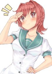 Rule 34 | 10s, 1girl, breasts, buttons, collarbone, fingernails, hand on own hip, kantai collection, kinu (kancolle), long fingernails, medium breasts, onomiya, orange eyes, red eyes, red hair, salute, school uniform, short hair, short sleeves, simple background, smile, solo, upper body, white background