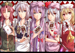Rule 34 | 5girls, ace (playing card), ace of diamonds, card, column lineup, diamond (shape), female focus, flandre scarlet, highres, holding, holding card, hong meiling, izayoi sakuya, jack (playing card), jack of diamonds, joker (playing card), king (playing card), king of diamonds, letterboxed, md5 mismatch, multiple girls, patchouli knowledge, playing card, queen (playing card), queen of diamonds, ram hachimin, remilia scarlet, touhou