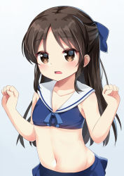Rule 34 | 1girl, bare arms, bikini, blue background, blue bikini, blue bow, blush, bow, brown eyes, brown hair, collarbone, commentary, forehead, gradient background, hair bow, hands up, idolmaster, idolmaster cinderella girls, ikazu401, long hair, looking at viewer, navel, open mouth, parted bangs, sailor bikini, sailor collar, sidelocks, solo, swimsuit, tachibana arisu, very long hair, white sailor collar