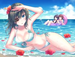 Rule 34 | 3girls, arm support, beach, bikini, blue sky, blush, breasts, cleavage, closed eyes, cloud, commentary request, day, eyepatch, female focus, flower, front-tie bikini top, front-tie top, furutaka (kancolle), green hair, hair flower, hair ornament, halterneck, hat, hibiscus, innertube, kabocha torute, kako (kancolle), kantai collection, kiso (kancolle), long hair, looking at viewer, lying, medium breasts, multiple girls, navel, ocean, on side, open mouth, outdoors, partially submerged, purple hair, short hair, side-tie bikini bottom, sky, smile, sparkle, string bikini, sunlight, swim ring, swimsuit, water, wet