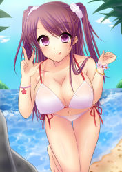 Rule 34 | 1girl, :p, barefoot, beach, bent over, bikini, blue sky, blush, bracelet, breasts, brown hair, cleavage, cloud, collarbone, day, flower, highres, jewelry, large breasts, long hair, looking at viewer, navel, ocean, original, outdoors, palm tree, red eyes, rock, shiny skin, side-tie bikini bottom, sky, smile, solo, strap lift, swimsuit, thigh gap, tongue, tongue out, tree, twintails, v, w, waves, yomogi (becr)