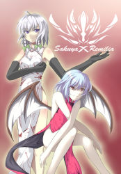 Rule 34 | 2girls, ahoge, alternate costume, aogu, bat wings, character name, china dress, chinese clothes, dress, elbow gloves, female focus, gloves, izayoi sakuya, light purple hair, multiple girls, no headwear, no headwear, purple eyes, red eyes, remilia scarlet, silver hair, touhou, wings, x arms