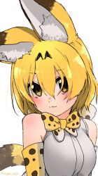 Rule 34 | 10s, 1girl, :3, animal ear fluff, animal ears, bad id, bad twitter id, bare shoulders, blush, bow, bowtie, commentary request, elbow gloves, gloves, highres, kemono friends, serval (kemono friends), serval print, serval tail, short hair, sleeveless, solo, tail, turbo engine (rakugaki tabo), upper body, yellow eyes