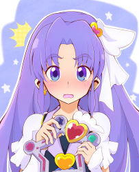 Rule 34 | 10s, 1girl, ashita wa hitsuji, blush, brooch, cure fortune, earrings, embarrassed, eyelashes, hair ornament, happinesscharge precure!, heart, heart brooch, heart hair ornament, highres, hikawa iona, jewelry, long hair, looking at viewer, magical girl, open mouth, ponytail, precure, puffy sleeves, purple eyes, purple hair, shirt, solo, vest, wrist cuffs