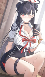 Rule 34 | 1girl, absurdres, alternate hairstyle, black hair, blue archive, blunt bangs, breasts, cleavage, collarbone, double bun, hair bun, highres, holding, holding phone, large breasts, long hair, phone, puffy short sleeves, puffy sleeves, red eyes, rio (blue archive), shirt, short sleeves, sitting, solo, sysen, thigh strap, thighs, very long hair, white shirt