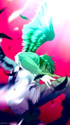 Rule 34 | 1boy, bird wings, black hair, blood, blood on clothes, commentary, covered mouth, english commentary, feathered wings, feathers, feet out of frame, from behind, highres, long sleeves, looking away, looking back, male focus, mau sakura, motion blur, on one knee, pants, ray (yakusoku no neverland), red background, red eyes, shirt, sideways glance, solo, tears, white shirt, wings, yakusoku no neverland