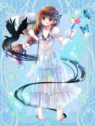 Rule 34 | bird, blue background, blue butterfly, breasts, brown hair, bug, butterfly, butterfly hair ornament, crow, dress, drinking straw, flower, food, fruit, hair flower, hair ornament, highres, insect, lemon, lemon slice, licking lips, long hair, sandals, see-through, shimotsukishin, shorts under dress, small breasts, standing, tongue, tongue out, white dress